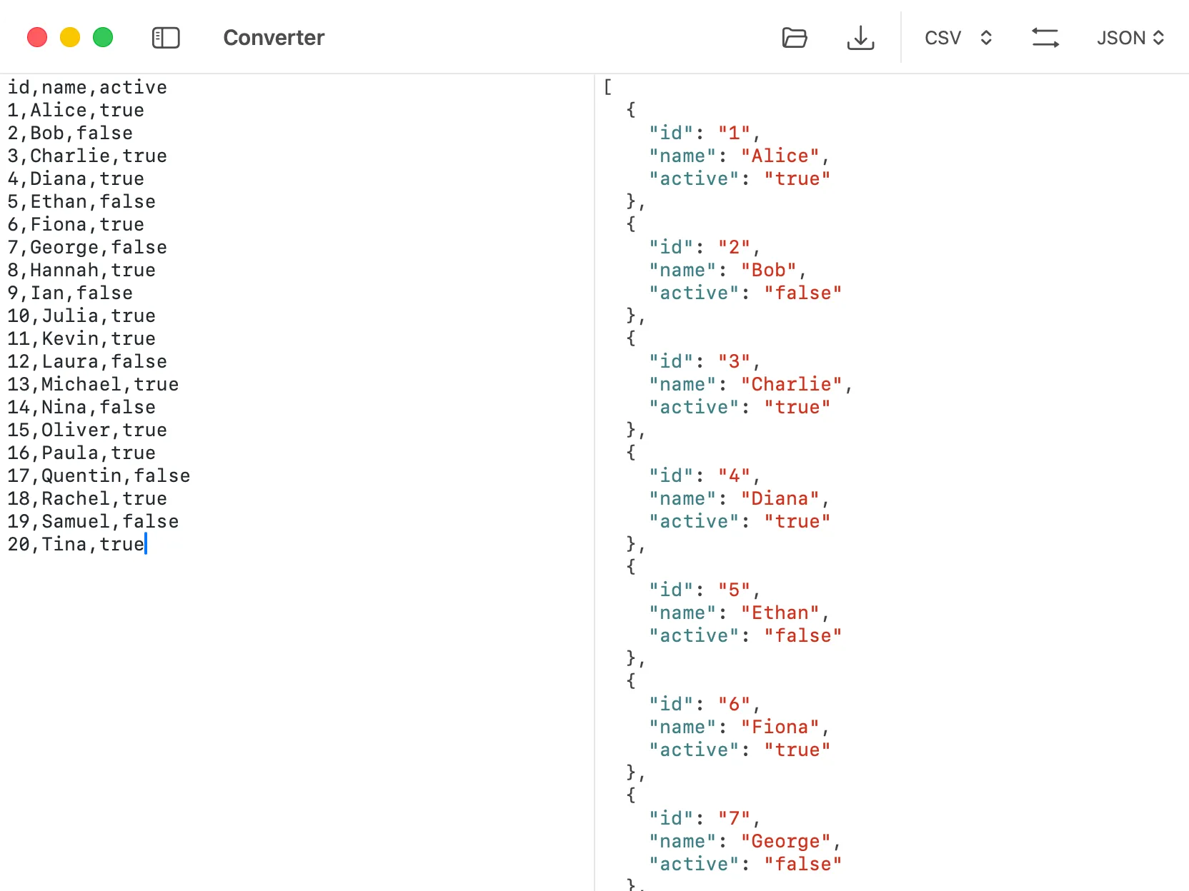 DevKnife Converter converting CSV to JSON