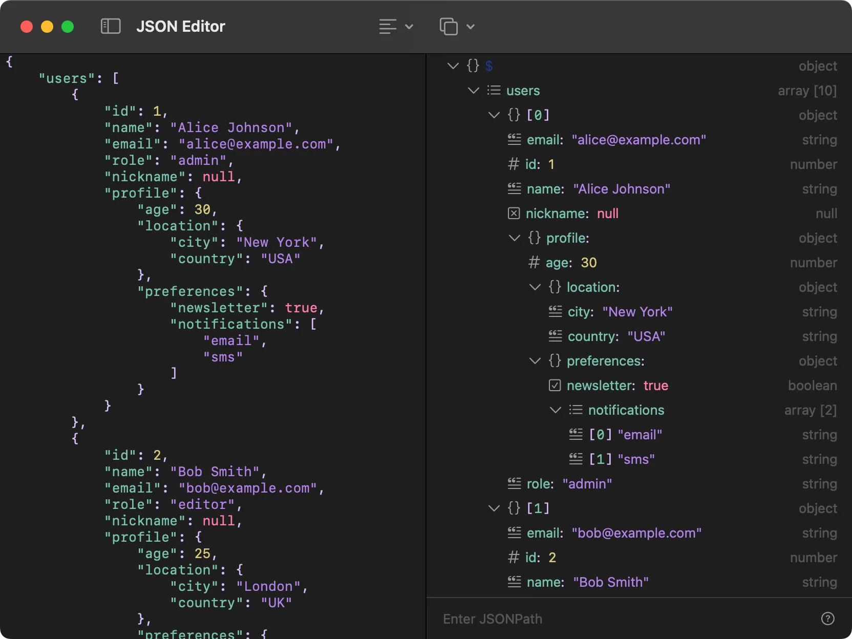 JSON Editor in Dark Mode