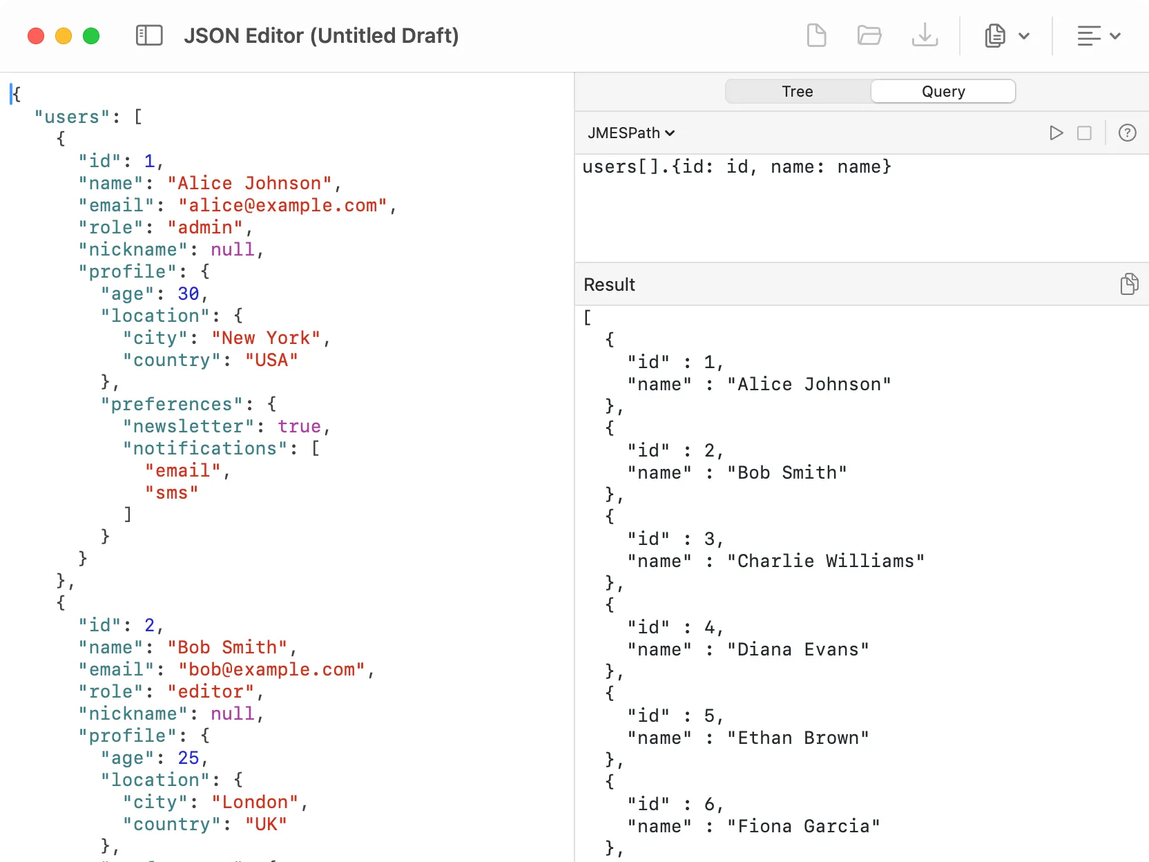 DevKnife JMESPath query in JSON Editor