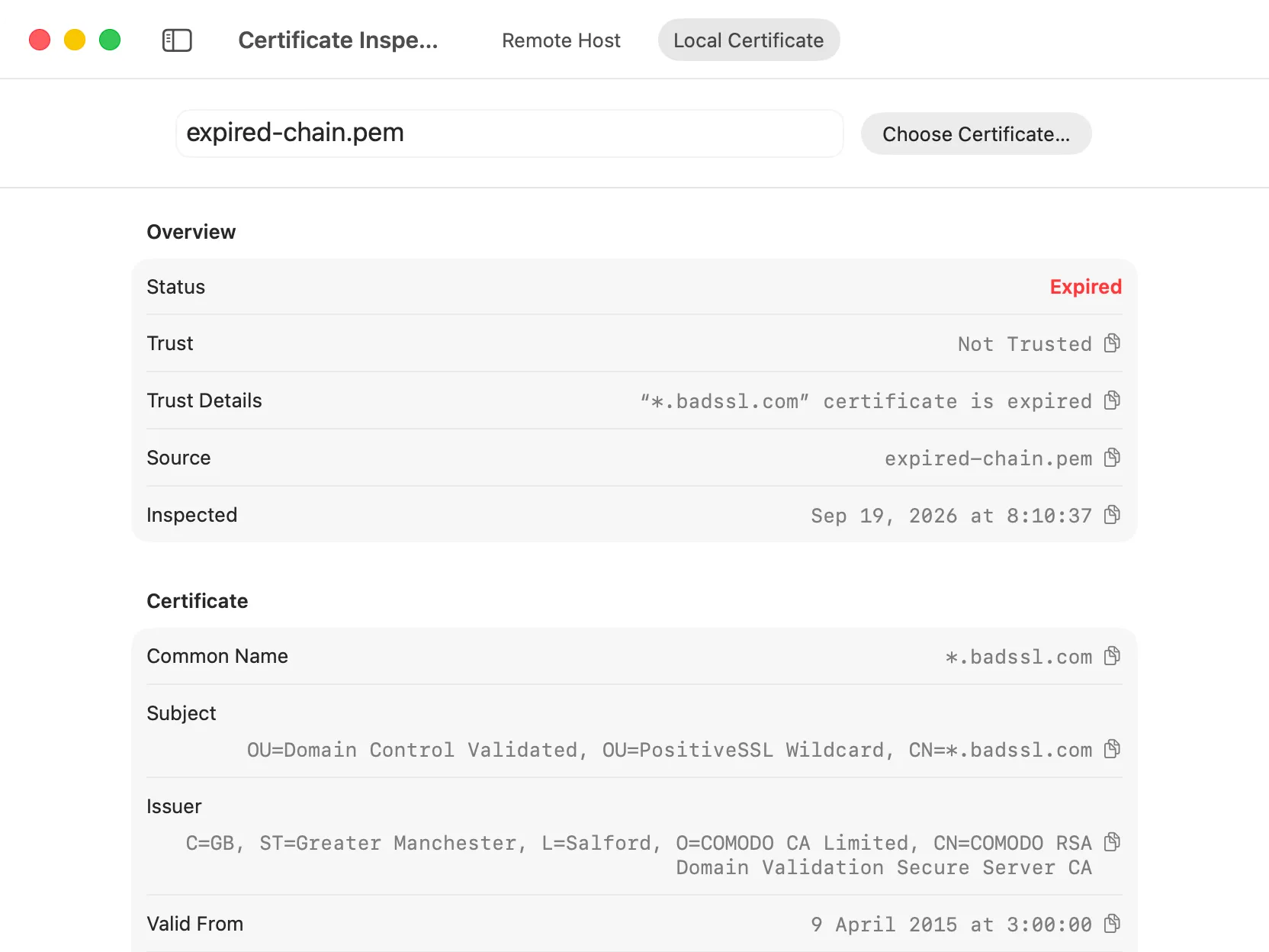 DevKnife Certificate Inspector showing expired-chain.pem as expired and not trusted