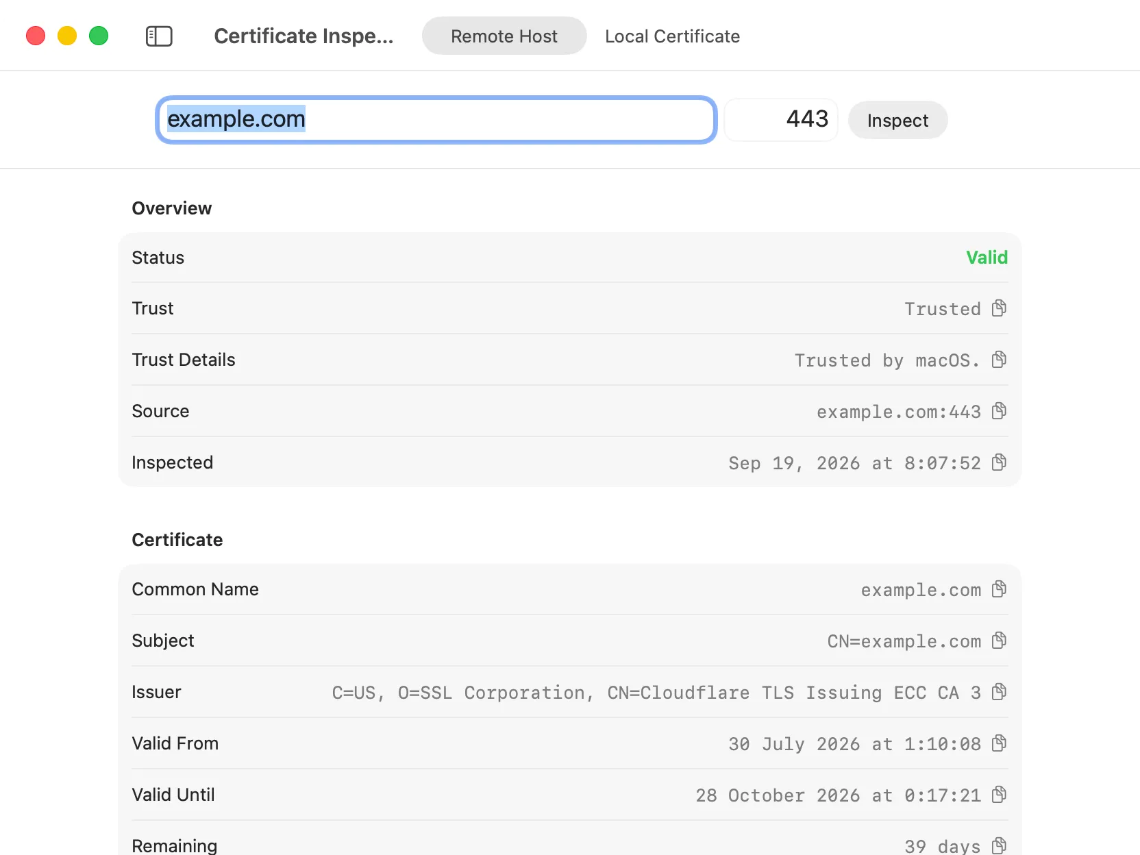DevKnife Certificate Inspector showing example.com as valid and trusted on macOS