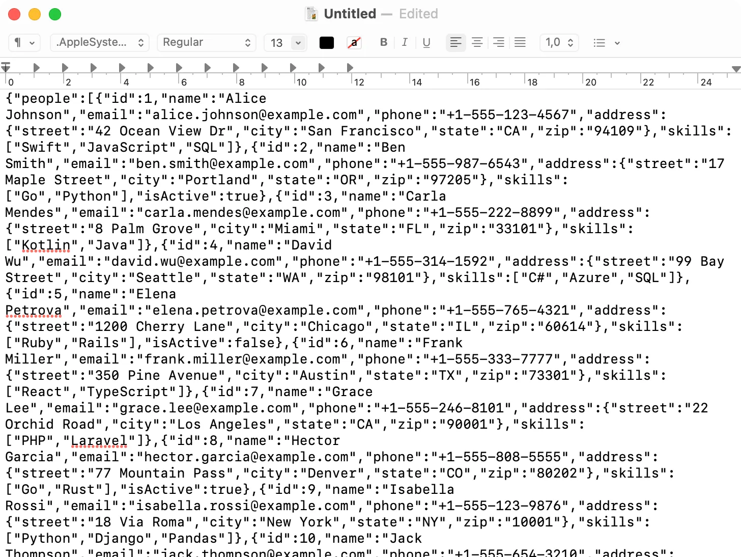 TextEdit displaying a JSON file