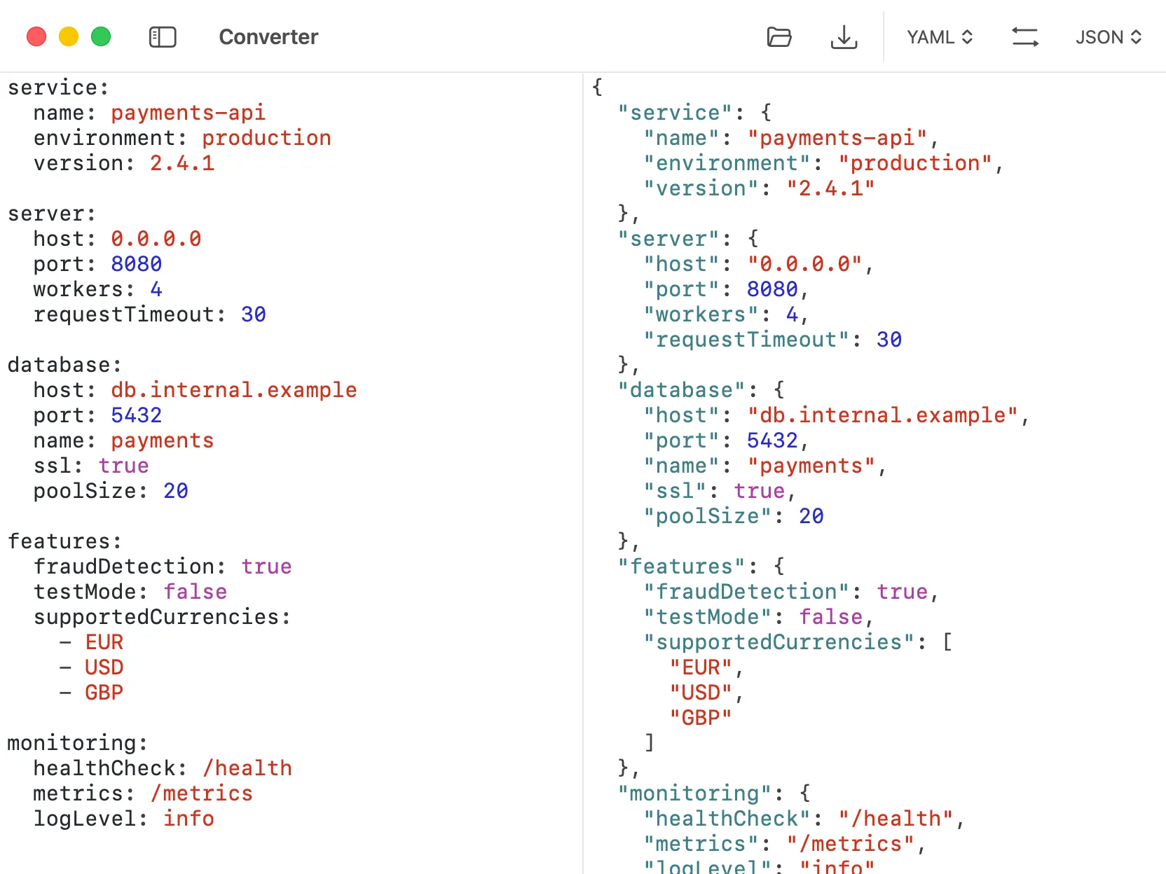 DevKnife Converter converting YAML to JSON
